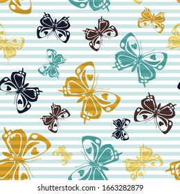 Flying colorful butterfly silhouettes over horizontal stripes vector seamless pattern. Kids fashion fabric print design. Stripes and butterfly winged insect silhouettes seamless design.