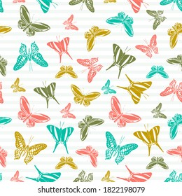 Flying colorful butterfly silhouettes over horizontal stripes vector seamless pattern. Baby clothing textile print design. Lines and butterfly winged insect silhouettes seamless design.