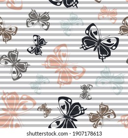 Flying colorful butterfly silhouettes over striped background vector seamless pattern. Kids fashion fabric print design. Lines and butterfly winged insect silhouettes seamless wrapping.