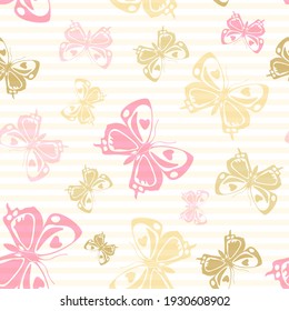 Flying colorful butterfly silhouettes over striped background vector seamless pattern. Girlish fashion fabric print design. Stripes and butterfly garden insect silhouettes seamless design.