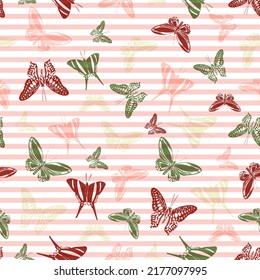 Flying colorful butterfly silhouettes over horizontal stripes vector seamless pattern. Cartoon textile print design. Stripes and butterfly garden insect silhouettes seamless illustration.