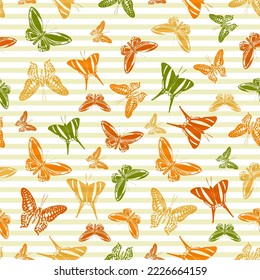 Flying colorful butterfly silhouettes over striped background vector seamless pattern. Kids fashion fabric print design. Stripes and butterfly garden insect silhouettes seamless design.