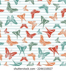 Flying colorful butterfly silhouettes over horizontal stripes vector seamless pattern. Baby clothing fabric print design. Lines and butterfly garden insect silhouettes seamless wrapping.