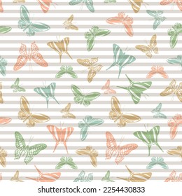 Flying colorful butterfly silhouettes over horizontal stripes vector seamless pattern. Baby clothing fabric print design. Lines and butterfly winged insect silhouettes seamless design.