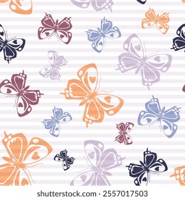 Flying colorful butterfly silhouettes over horizontal stripes vector seamless pattern. Girlish fashion textile print design. Stripes and butterfly winged insect silhouettes seamless pattern.