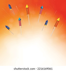 Flying colorful festive fireworks rocket with space for your text. Bursting of fireworks. Fireworks set.