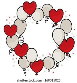 Flying colorful gray and red balloons round and heart shape party time wreath on white background card invitation celebration centerpiece 