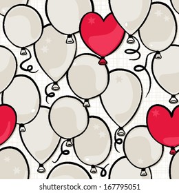 flying colorful gray and red round and heart shaped balloons party time seamless pattern on white background