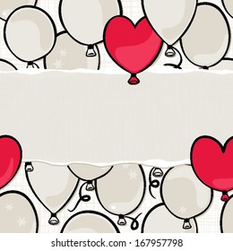 flying colorful gray and red round and heart shaped balloons party time seamless pattern on white background with blank horizontal torn piece of paper with place for your text