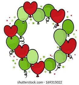 Flying colorful green and red balloons round and heart shape party time wreath on white background card invitation celebration centerpiece 