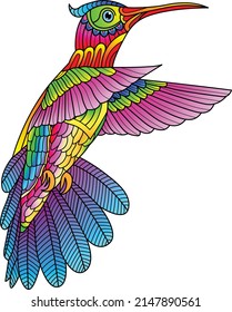 Flying colorful hummingbird adult coloring illustration for stress relief. Line art design for adults or kids.