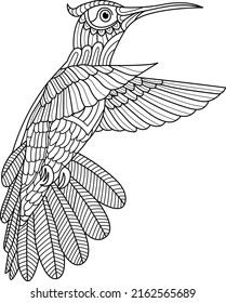 Flying colorful hummingbird adult coloring page illustration for stress relief. Line art design for adults or kids.
