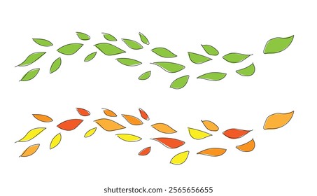 Flying Colorful Leaves Pattern Hand Drawn. Graphic design elements and resources on topic of nature