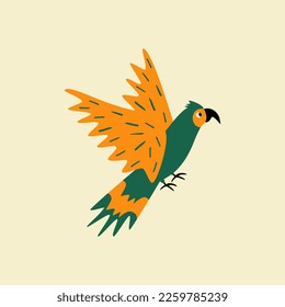 Flying colorful parrot hand drawn vector illustration. isolated cute exotic macaw bird in flat style for kids poster or icon.