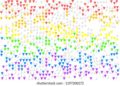 Flying colorful triangle shapes, gray and rainbow colors on white background. Colors of LGBT pride flag, symbol of lesbian, gay, bisexual, transgender, and questioning (LGBTQ). Vector illustration.