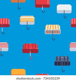 flying colorful umbrellas seamless pattern, pixel art style vector illustration