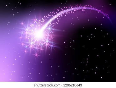 Flying comet with curved glowing tail in the starry night sky