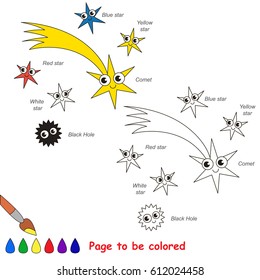 Flying Comet and Red and White Star and Blue and Yellow Star, Black Hole to be colored, the coloring book for preschool kids with easy educational gaming level.