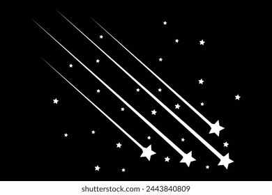 Cometa volador con cola, meteorito que cae, elemento abstracto de la galaxia. Icono de las estrellas blancas. Conjunto de vector de icono de estrellas fugaces.  Silueta abstracta de estrella fugaz. Meteorito y cometas. 