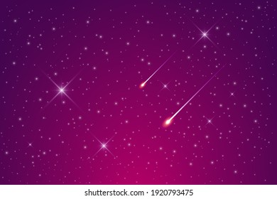 Flying comets against the backdrop of a beautiful galaxy background. Stardust and bright shining stars in the universe. Realistic vector illustration of space.