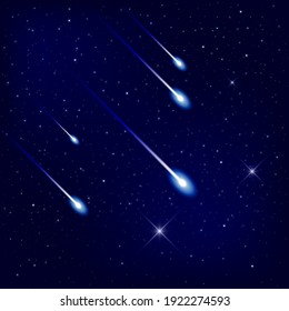 Flying comets against the backdrop of a beautiful galaxy background. Stardust and bright shining stars in the universe. Realistic vector illustration of space.