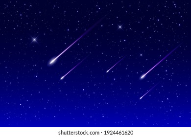 Flying comets against the backdrop of a beautiful galaxy background. Stardust and bright shining stars in the universe. Realistic vector illustration of space.