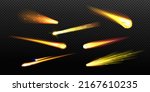 Flying comets, asteroids or meteors with flame trail isolated on transparent background. Vector realistic set of falling glowing meteorites from space, fireballs burning in Earth atmosphere