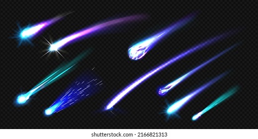 Flying comets, asteroids or meteors with flame trail isolated on transparent background. Vector realistic set of falling glowing meteorites from space, fireballs burning in Earth atmosphere
