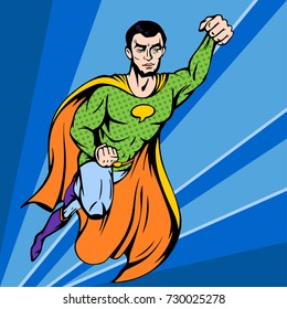 Flying comics superhero man in yellow cloak and green costume
