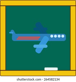 Flying commercial airplane  icon in flat style, on school chalkboard background. For airline transport business, education, infographics and internet web site design