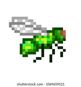  Flying common green bottle fly, pixel art icon isolated on white background. Housefly sign. Insect symbol. Old school 8 bit slot machine pictogram. Retro 80s; 90s video game graphics. Flypaper logo.
