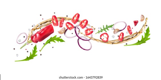 Flying composition of red hot chili peppers, arugula, red onion, vegetable oil, pepper and salt. Recipe pickled pepper. Vector realistic illustration isolated on white background.