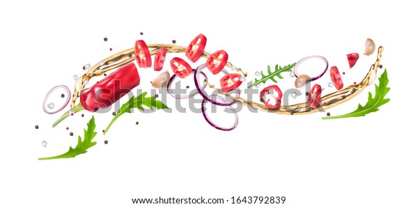 赤唐辛子 アルグラ 赤玉ねぎ 植物油 コショウ 塩の飛翔組成物 コショウの漬け物を作る 白い背景にベクター画像のリアルなイラスト のベクター画像素材 ロイヤリティフリー