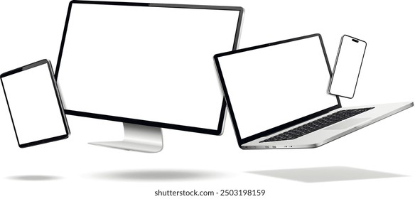 Flying computer display, laptop, tablet, phone mock up with white screen isolated