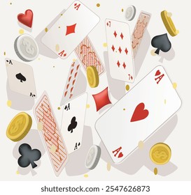 flying confetti cards coins and symbols party casino vibes illustration on white background