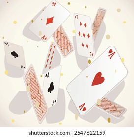 flying confetti cards party casino vibes illustration on white background
