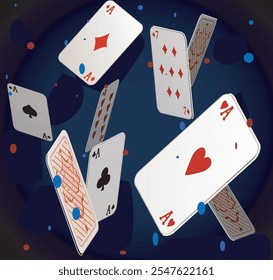 flying confetti cards party casino vibes illustration on dark blue background