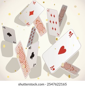 flying confetti cards party casino vibes illustration on white background