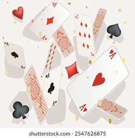 flying confetti cards party casino vibes illustration on white background