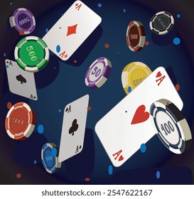 flying confetti cards poker tokens party casino vibes illustration on dark blue background