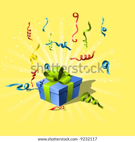 flying confetti and gift box with ribbon