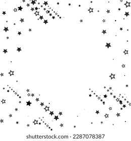 Flying confetti stars. Black, white colours. Festive background. Black stars on white background. Design element. Vector illustration, eps 10.