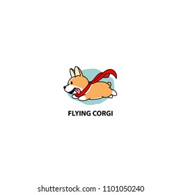 Flying corgi, funny dog with red cape icon, vector illustration