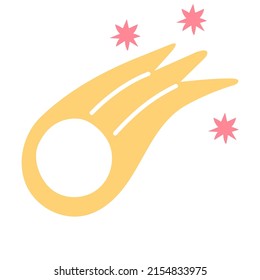 Flying cosmic meteorite. Cute planet. Doodle comet with tail. Stars and asteroid. Burning fireball. Shooting meteor simple logo. Starry sky. Universe exploration. Vector space object