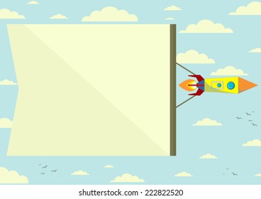 Flying Cosmic Rocket with the horizontal Position of the Banner, Color Sky on Background. Vector Illustrations