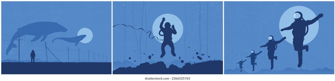 Flying cosmonaut team. Sci Fi. Astronaut and whale. Blue full moon