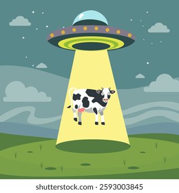 A flying cow during an abduction by an alien UFO into the spaceship on a field looking surprised. Cattle being abducted on a country farm by a flying saucer with a ray or beam of light