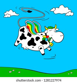 Flying cow flies in the sky. Vector illustration. Cow in the colors of the rainbow