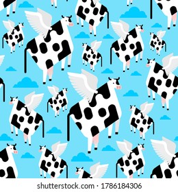 Flying cow pattern seamless. beef with wings background. Baby fabric texture. vector illustration