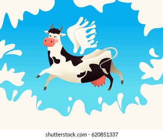 Flying cow with wings from milk. Vector illustration.